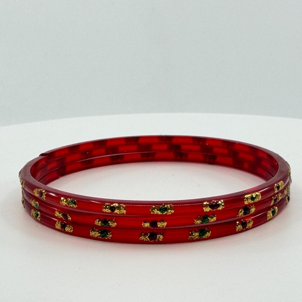 Y2K Red Glass Bangle Set Gold & Jewel-Tone Embellishments 7.5in